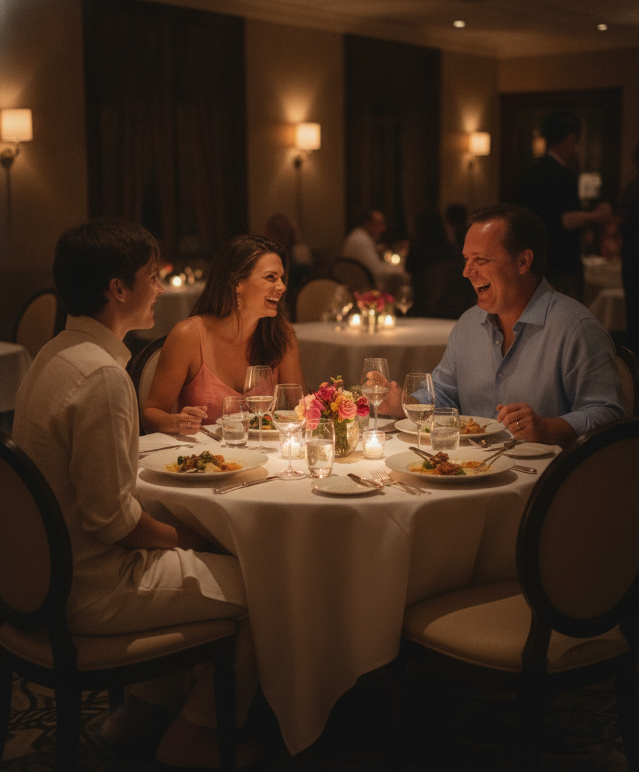 Elizabeth, Chuck, and family laughing together at a candlelit dinner